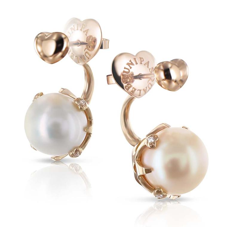 Pasquale Bruni Sissi Lunaire ear jackets in rose gold with one white and one champagne-coloured pearl.